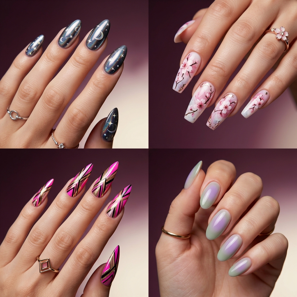 AI-generated nail art designs — celestial, cherry blossom, geometric, and aura styles